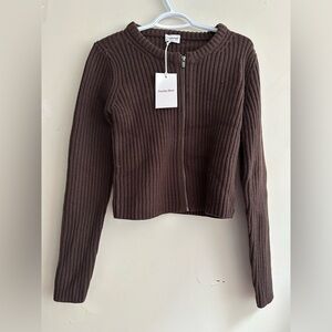 Sunday Best Ribbed Zip-Front Sweater Jacket - Dark Brown